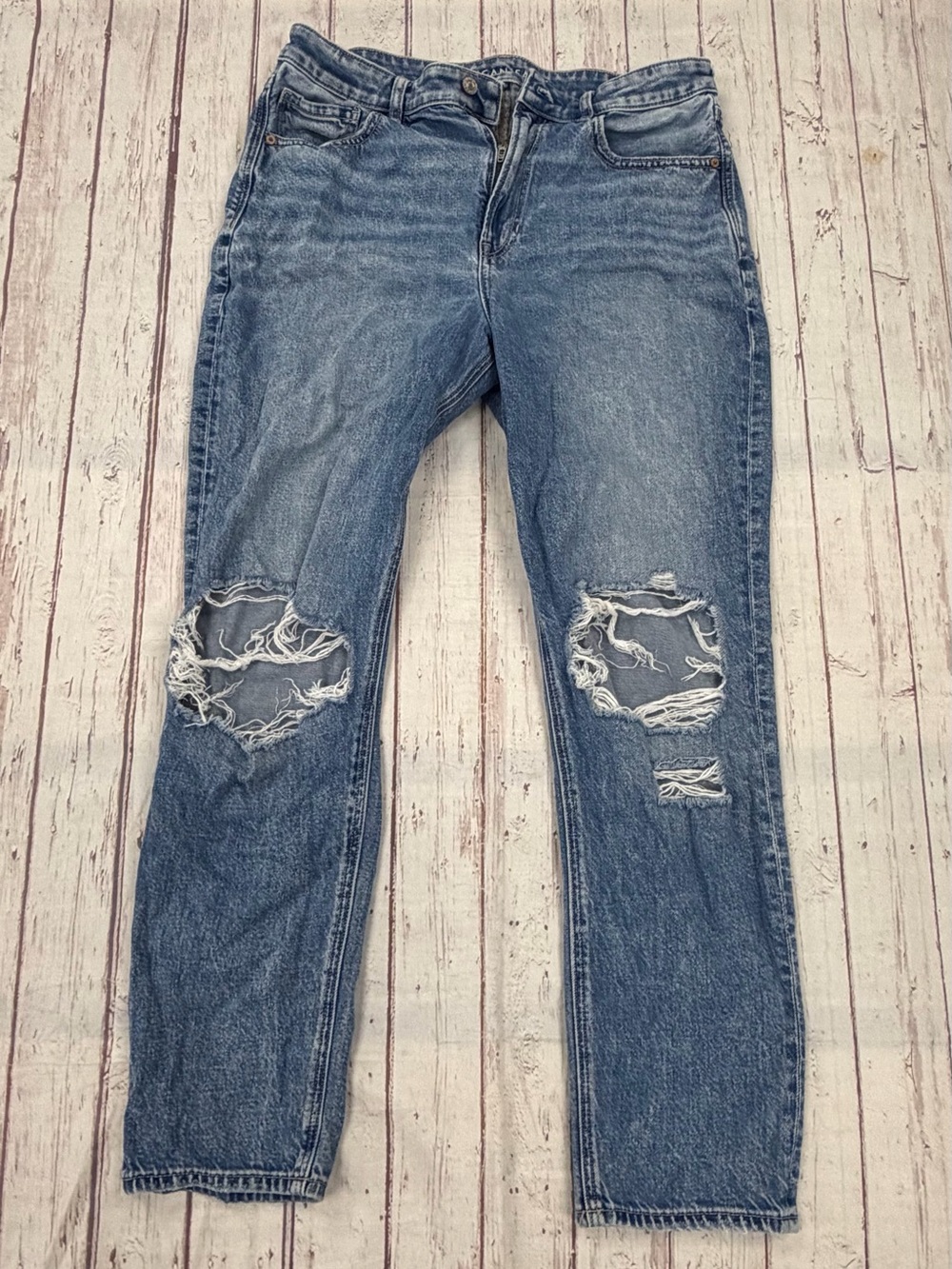 American Eagle Strigid Distressed Denim Blue Mom Jeans Women's 12 Reg